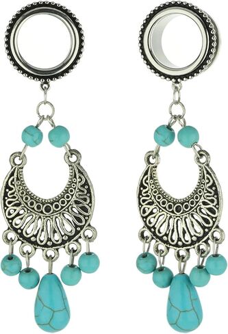 Balala 6mm-25mm Surgical Steel Turquoise Dangle Ear Gauges Piercing Flesh Tunnels Plugs Statement Earrings in Kuwait