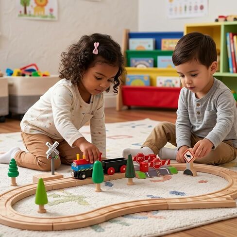 Sound Making Wooden Railroad Crossing Signal | Train Crossing Track Compatible with All Major Wooden Railway Train Track Sets | Battery-Powered Train Track Accessories Wood Layout in Kuwait