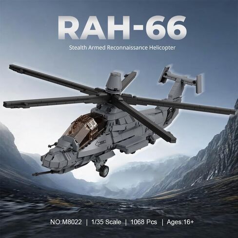 MISINI M8022 1:35 U.S. Army RAH-66 Comanche Stealth Armed Helicopter Building Blocks Set, 1068 Pcs Military Aircraft Model with Base, Collectible Display Gift for Adult Hobbyists and Collectors in Kuwait