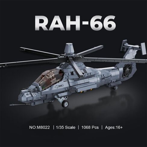 MISINI M8022 1:35 U.S. Army RAH-66 Comanche Stealth Armed Helicopter Building Blocks Set, 1068 Pcs Military Aircraft Model with Base, Collectible Display Gift for Adult Hobbyists and Collectors in Kuwait