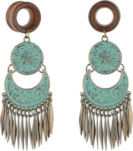 Balala 8mm-22mm Verdigris Patina Brass Wood Dangle Ear Gauges Piercing Flesh Tunnels Plugs Statement Earrings in Kuwait