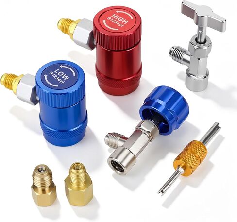 R1234yf Quick Couplers Kit, R1234yf Adapter Tool with Self-Sealing and Puncture Can Tap, HP/LP R1234yf Adapter with Valve Core Remover for 1/4" and 1/2" HVAC Charging Hoses, Car AC Repair in Saudi Arabia