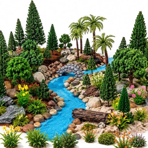 Miniature Diorama Kit - 17Pcs Model Trees, Stones & Bridge for DIY Scenery in Kuwait