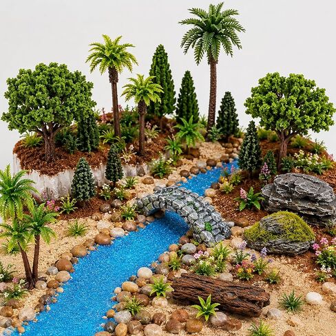 Miniature Diorama Kit - 17Pcs Model Trees, Stones & Bridge for DIY Scenery in Kuwait