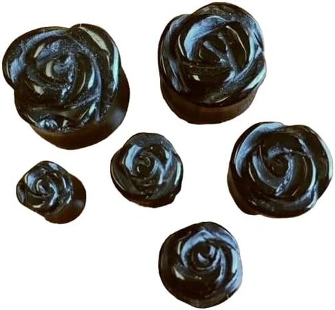 Lobal Domination Pair of Carved Black Agate Stone Rose Flower Double Flare Plugs 2g Thru 5/8" in Kuwait