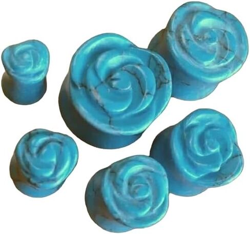 PAIR of Carved Blue Turquoise Stone Rose Flower Double Flare Plugs 2g thru 5/8" in Saudi Arabia