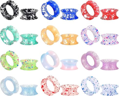 Qmcandy 24pcs Colorful Silicone Glitter Spattered with Spots Ear Gauges Flesh Tunnels Plugs Double Flared Stretchers Ear Piercing Jewelry in Kuwait