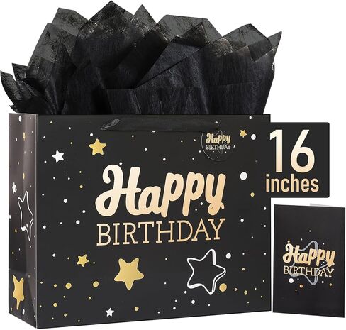 Powbrace 13" Birthday Gift Bag with Tissue Paper & Card(1 Pack Black Gold) in Kuwait