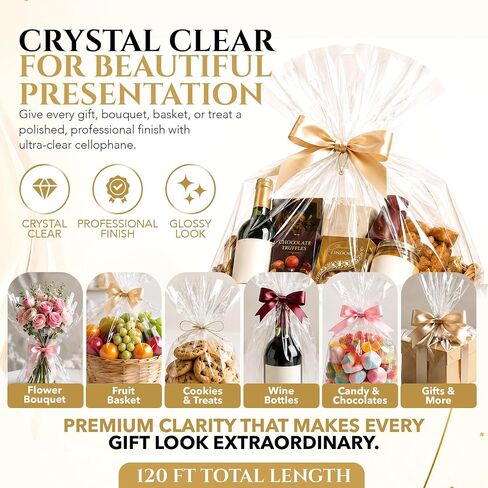 Clear Cellophane Wrap Roll 31.5 in x 120 ft - 3 Mil Thick Gift Basket Wrap Cellophane, Cello Wrap Clear Gift Wrap Paper for Baskets, Bouquets, Treat Trays & Hampers, Papel Celofan (Folded to 16 in) in Saudi Arabia