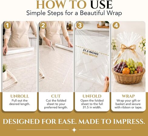 Clear Cellophane Wrap Roll 31.5 in x 120 ft - 3 Mil Thick Gift Basket Wrap Cellophane, Cello Wrap Clear Gift Wrap Paper for Baskets, Bouquets, Treat Trays & Hampers, Papel Celofan (Folded to 16 in) in Saudi Arabia