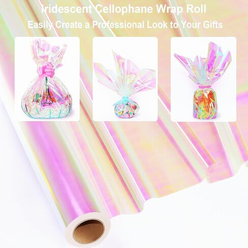 SYOGUA 82 Ft x 17 In Cellophane Roll Extra Wide Iridescent Cellophane Wrap Gift Baskets Wrapping Plastic for Basket, Treats, DIY Crafts, Birthday Gifts in Saudi Arabia