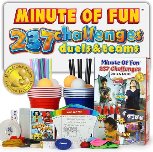 Funwares Original 237 دقيقة من الألعاب الممتعة - دقيقة للفوز بحفلة عائلية وسفر للأطفال والكبار، 2-12 لاعبًا! جاهز للعب مباشرة خارج الصندوق! | Minute to Win It Style، 9 فئات للمهارات، جميع المستلزمات متضمنة، ألعاب مدتها 60 ثانية للأطفال والمراهقين والأطفال in Kuwait