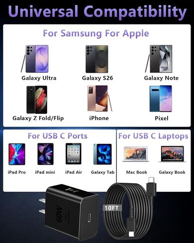 Samsung USB-C Super Fast Charging, 2Pack MITSUGAWA 25W Power Delivery Fast Wall Charger(2Pack 5FT USB-C Cable is included), for Galaxy S22/S21+/Ultra/Note10/20/Z Fold 3/Flip 3/S10/9/8, iPad Pro, Pixel in Kuwait