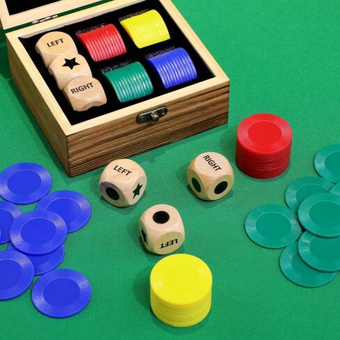 Pagather Left Right Roll Dice Game Set, Wooden Box with 3 Dice & 48 Chips in Kuwait