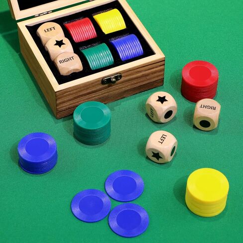 Pagather Left Right Roll Dice Game Set, Wooden Box with 3 Dice & 48 Chips in Kuwait