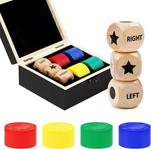 Pagather Left Right Roll Dice Game Set, Wooden Box with 3 Dice & 48 Chips in Saudi Arabia