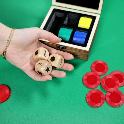 Pagather Left Right Roll Dice Game Set, Wooden Box with 3 Dice & 48 Chips in Kuwait