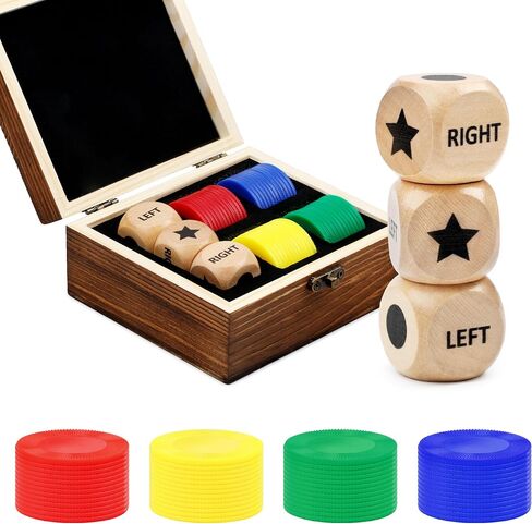 Pagather Left Right Roll Dice Game Set, Wooden Box with 3 Dice & 48 Chips in Kuwait