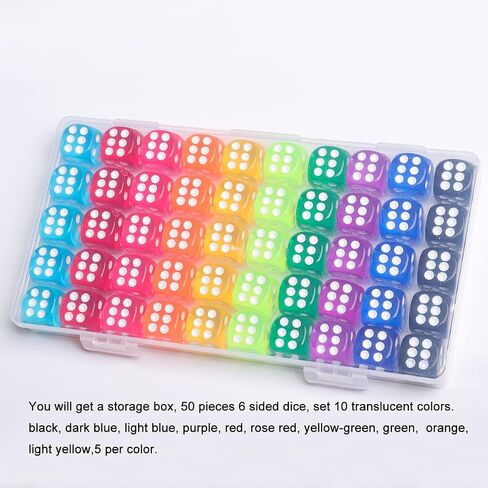 50 Pieces Dice Set, 14mm Bulk 6 Sided Colored Dices for Board Games, Math Learning,Classroom in Kuwait