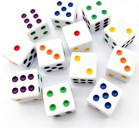 Ahoper 12 Pieces 16mm Standard Dice White with Multi-Color Pips Sided D6 Multicolor Pip Square Edge Dices for Table Board Games in Kuwait
