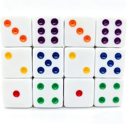 Ahoper 12 Pieces 16mm Standard Dice White with Multi-Color Pips Sided D6 Multicolor Pip Square Edge Dices for Table Board Games in Kuwait