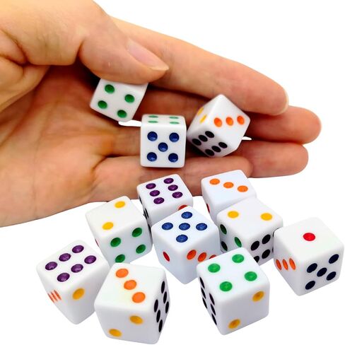 Ahoper 12 Pieces 16mm Standard Dice White with Multi-Color Pips Sided D6 Multicolor Pip Square Edge Dices for Table Board Games in Kuwait