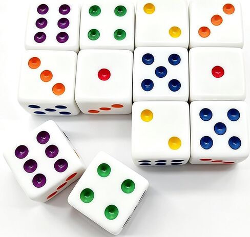 Ahoper 12 Pieces 16mm Standard Dice White with Multi-Color Pips Sided D6 Multicolor Pip Square Edge Dices for Table Board Games in Kuwait