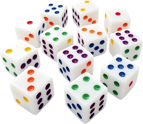 Ahoper 12 Pieces 16mm Standard Dice White with Multi-Color Pips Sided D6 Multicolor Pip Square Edge Dices for Table Board Games in Kuwait