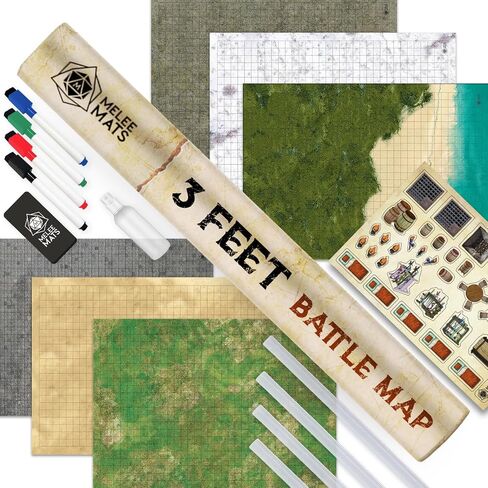 Melee Mats DND Map Starter Set for Dungeons and Dragons - 24" x 36" 3 Pack Double Sided, Wet & Dry Erase Battle Terrain Grid - Tabletop Board Gaming Kit with Accessories in Kuwait