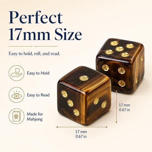 Tiger Eye Mahjong Dice, 2 Natural Gemstone Dice, 17mm for American Mahjong in Kuwait