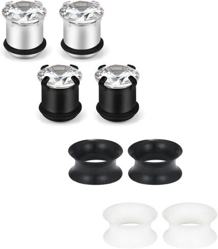 SCERRING 4 Pairs Clear CZ Prong Set Ear Plugs Gauges Stainless Steel & Silicone Flexible Tunnel Expander Stretching Gauge Plug Kit Same Sizes 6G-12mm in Kuwait