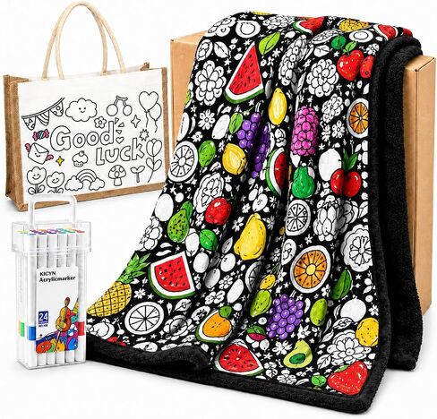 EAONE Coloring Blanket Kit for Girls, 50 x 60 Inch Floral Throw with 24 Acrylic Markers, DIY Tote Bag, Color Your Own Snuggle Activity Gift in Saudi Arabia