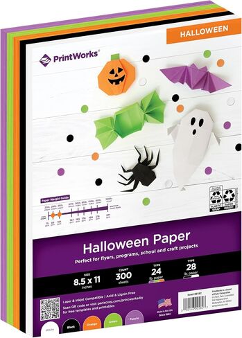 PrintWorks Halloween Paper 8.5" x 11" - 300 Sheets - 5 Assorted Colors - Ideal for School & Craft Projects - Made in the USA - FSC® Certified - 24 lb/89 gsm & 28 lb/105 gsm (00582) in Kuwait