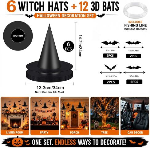 12pcs Halloween Witch Hats + 12pcs 3D Bats Stickers - Costume Accessories for Parties, Cosplay, Carnivals, Holidays in Kuwait