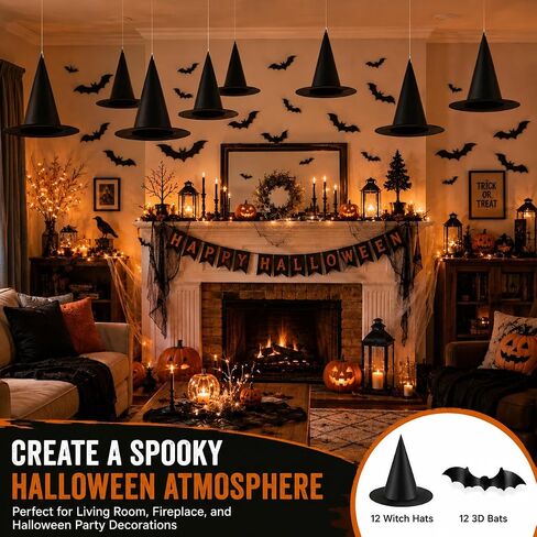 12pcs Halloween Witch Hats + 12pcs 3D Bats Stickers - Costume Accessories for Parties, Cosplay, Carnivals, Holidays in Kuwait