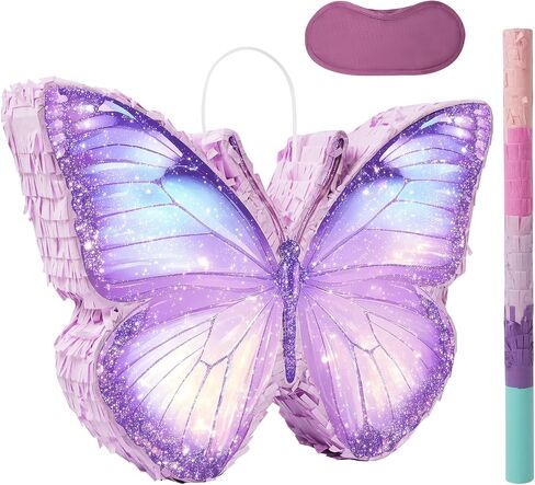 Butterfly Piñata - Purple Butterfly Piñata with Bat and Blindfold for Girls Kids Purple Themed Birthday Party Game Decorations (16"x11.5"x3") in Saudi Arabia