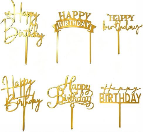 Gold Birthday Cake Topper, 6pcs Acrylic Birthday Cake Toppers Happy Birth Cake Toppers for Decorations Gold Topper for Girls Women's Party Decorations in Saudi Arabia