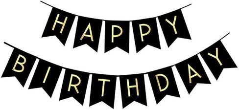 Fecedy Black Happy Birthday Bunting Banner with Shiny Gold Letters Pre-Strung No DIY for Birthday Party Decorations (Black) in Saudi Arabia