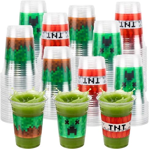 60 Pcs 16oz Green Pixel Plastic Cups, 3 Styles Birthday Party Decoration in Kuwait