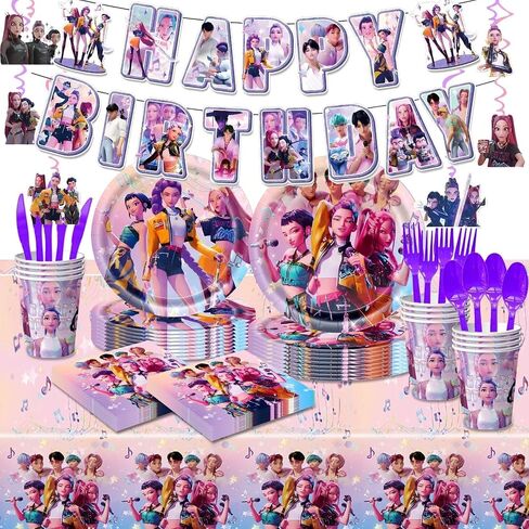 118 Psc For K Pop Demon Birthday Party Supplies Set, Demon Theme, Plates, Cups, Utensils, Napkins, Tablecloth in Kuwait