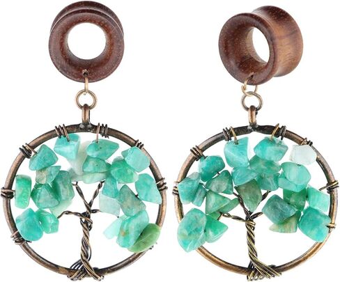 Natural Amazonite Tree of Life Wood Dangle Ear Gauges Piercing Flesh Tunnels Plugs Stretching Kit Expander Statement Earrings in Kuwait