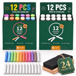 kedudes Dustless Chalk with Eraser, 24pk - 12 Colored Chalkboard Chalks and 12 White Chalk for Chalkboard and Board Erasers Set - Blackboard Chalks and Eraser with Wooden Handle in Kuwait