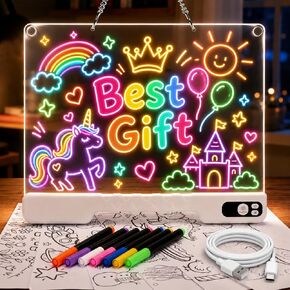 LED Drawing Board for Kid - Rechargeable 14" Doodle Glow Neon Art Note Boards, Holiday Birthday Gifts Toy for Kids Girls Boys Teens, Light Up Acrylic Dry Erase Message Note Writing Pad with 7 Markers in Saudi Arabia