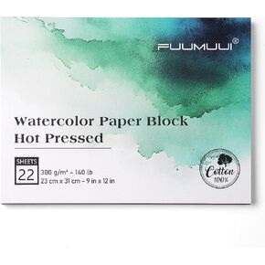 Fuumuui Watercolor Paper Block 9x12 Inch, 100% Cotton Paper Pad, 22 Sheets, Cold Pressed | 140 lb/300gsm Acid-Free for Painting, Drawing, Art Journaling, Professional Artist Quality in Kuwait