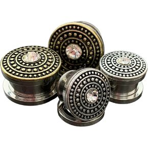Lobal Domination Pair of Gold or Silver Gem Centered Shield Top Steel Screw Fit Flesh Tunnels Plugs in Saudi Arabia