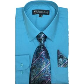 Fortino Landi Men's Long Sleeve Dress Shirt, with Tie and Hanky - Many Colors in Kuwait