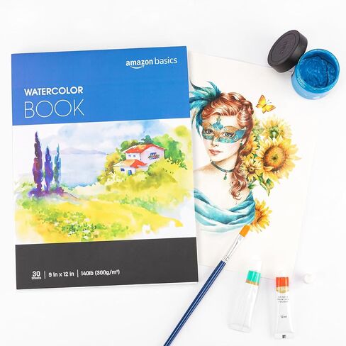 Amazon Basics Watercolor Pad for Beginners, Artists, Adults and Students, Cold Press Textured Surface, 9"x12", 140 lb / 300 gsm, 30 Sheets, White in Saudi Arabia