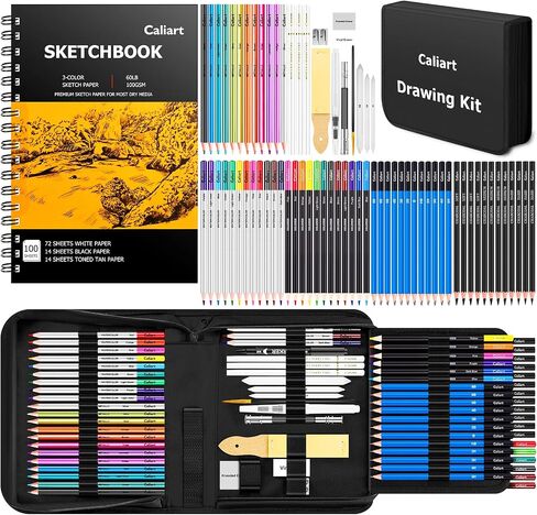 Caliart 176PCS Art Supplies Sketching Kit, 100 Sheets 3-Color Sketch Book in Saudi Arabia
