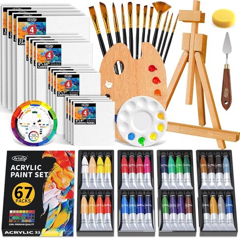 ARTALLY Acrylic Paint Set for Adults & Kids, 62 Pcs Canvas Painting Kits, 32 Colors Acrylic Paint (22ML),Table Easel,Brushes,Canvas, Art Painting Supplies Kit for Students,Artists,Beginners in Kuwait