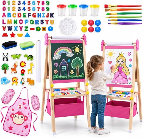 Art Easel for Kids - Adjustable Wooden Double-Sided Magnetic Whiteboard and Chalkboard with Paper Roll, 100+ Drawing Accessories - Foldable Painting Birthday Gifts for Boys Girls Ages 3-12, Pink in Saudi Arabia